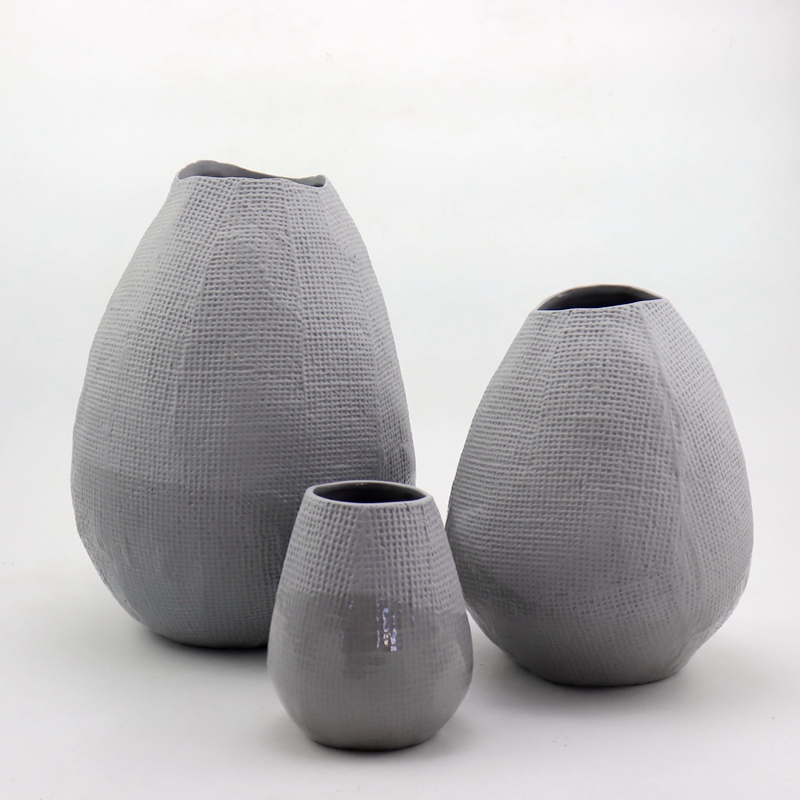 Grey Shiny and Matt Ceramic Flower Decorative Vase Set