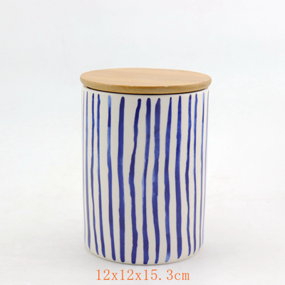 Bamboo Lid Ceramic Jar Blue and White Color
