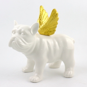 Kerámia fehér bulldog szobor szobra arany szárnyaival